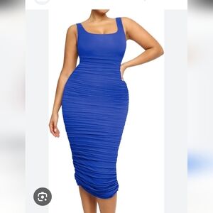 Shapellx Blue Ruched Bodycon Midi Sleeveless Dress SZ.M NWT